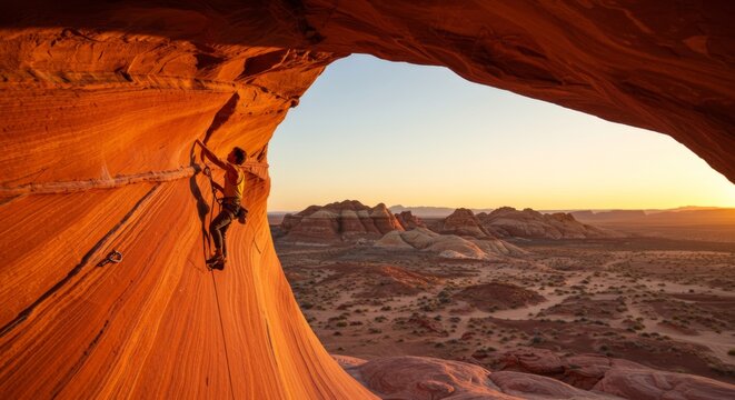 Rock climber ascending colorful canyon formation during golden hour