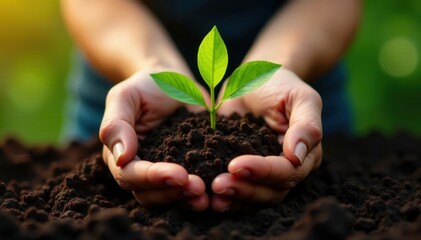 Close-up of hands supporting a thriving plant in rich soil , vibrant, plantlife