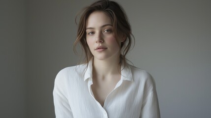 Fototapeta premium Portrait of a young woman with shoulder-length brunette hair. she is wearing a white blouse with a collar and appears to be in her late twenties or early thirties.