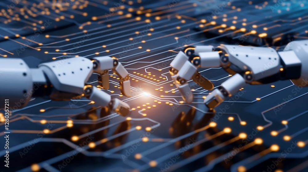 Poster a glowing digital network with robotic arms automating business tasks, symbolizing rpa technology st