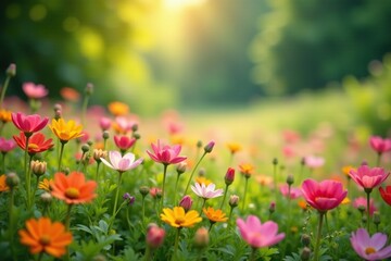 Fototapeta premium Gentle breeze rustles through a field of flowers, garden,