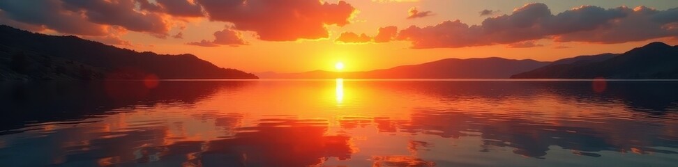 Golden hour sunlight paints calm water, fiery reflections , warm, sky, reflection