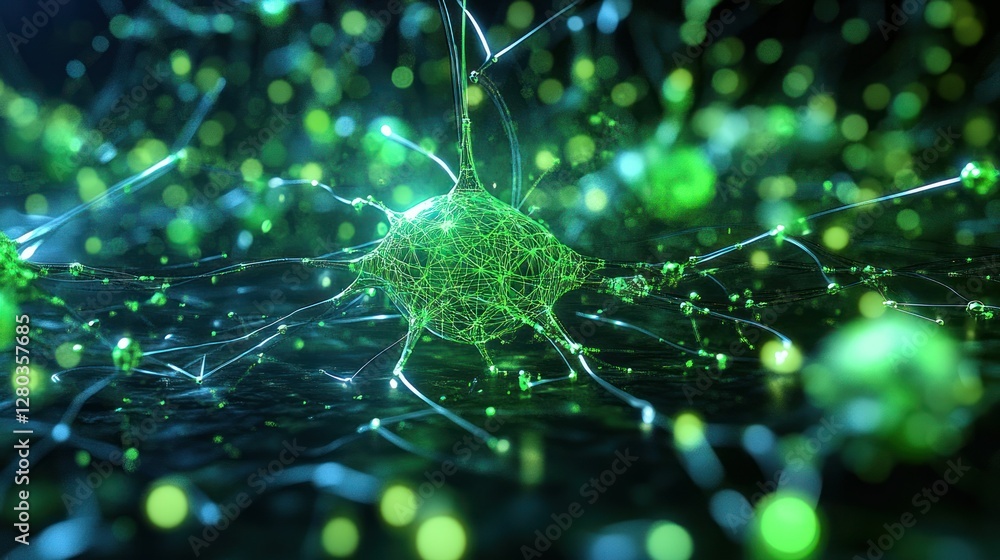 Aufkleber close-up view of a glowing neuron surrounded by vibrant particles in a dark background