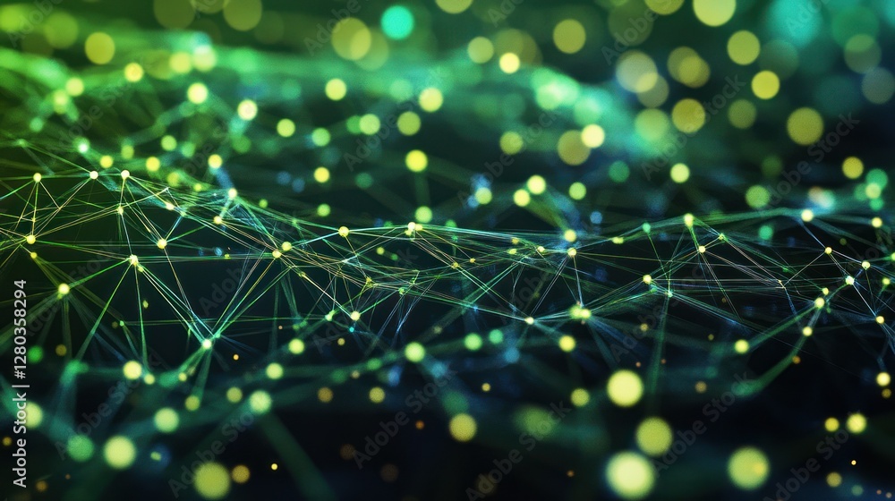 Poster abstract representation of interconnected digital networks with glowing nodes and vibrant colors