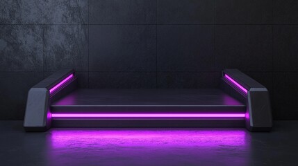 Modern bench in a dark room with a concrete wall in the background. the bench is made of concrete and has a sleek, minimalist design. it has a rectangular shape with a flat top and a curved backrest.
