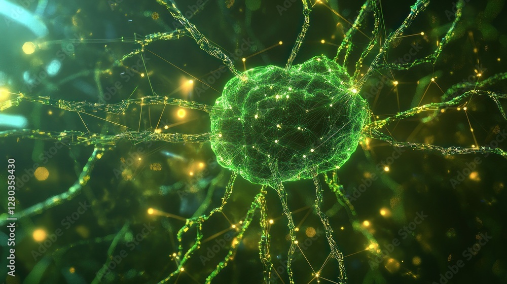 Poster abstract representation of a neural network with glowing connections and a green core in a digital e
