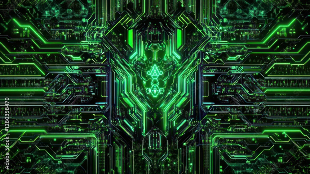 Poster futuristic green circuit board design with intricate patterns and glowing elements