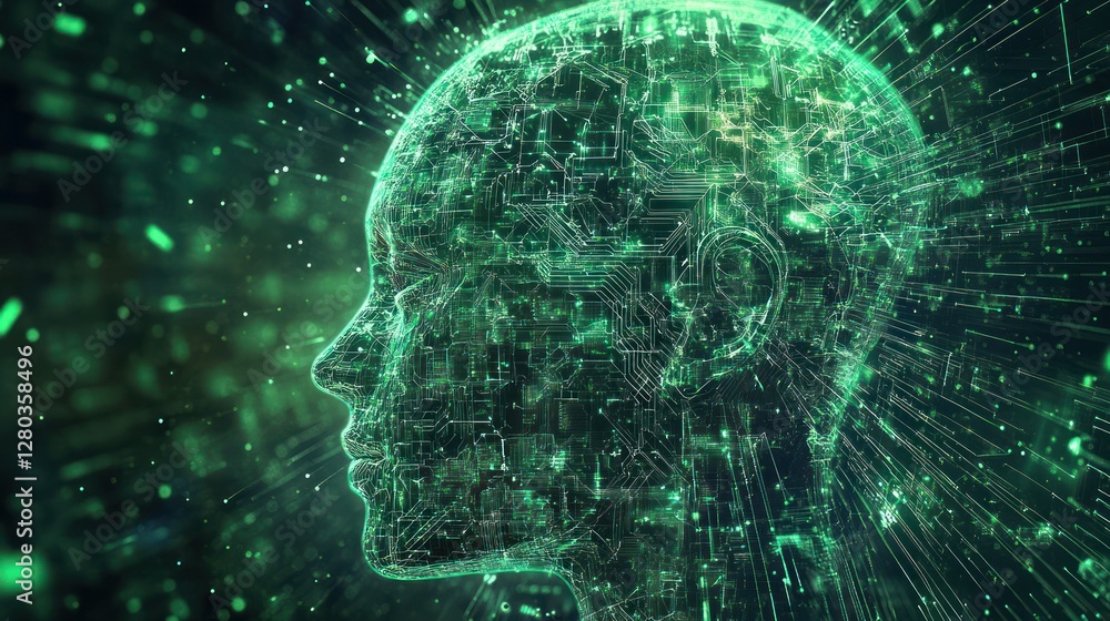 Aufkleber futuristic digital representation of a human head with glowing circuitry and data streams