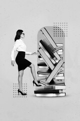 Vertical collage image of black white effect girl walk climb big pile stack book isolated on...