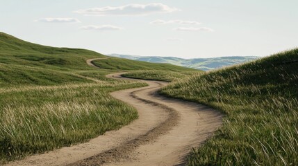 Fototapeta premium Serene Winding Dirt Path Through Lush Green Hills Under a Clear Sky in the Countryside Landscape