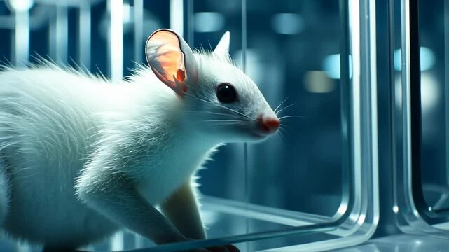 White lab rat in glass cage, scientific research background