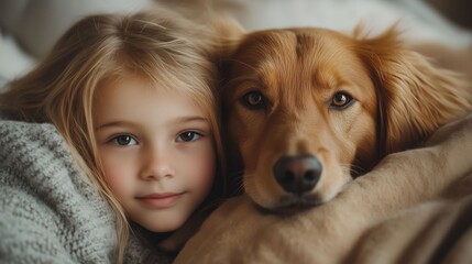 A little girl and a dog lying on the bed, both looking at the camera.