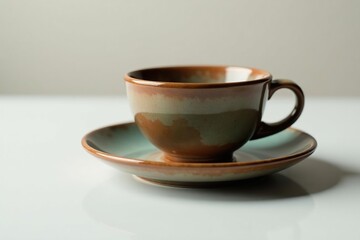 Obraz premium Simple ceramic cup in a shallow dish with reflection, cup, brown, ceramic item