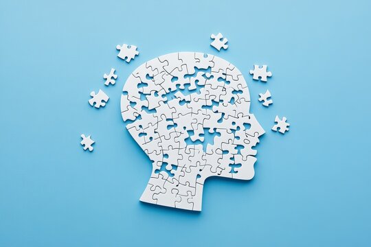 Fragmented mind puzzle head on light blue background