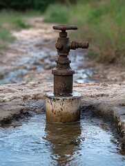 Rustic water tap in a dry creek bed