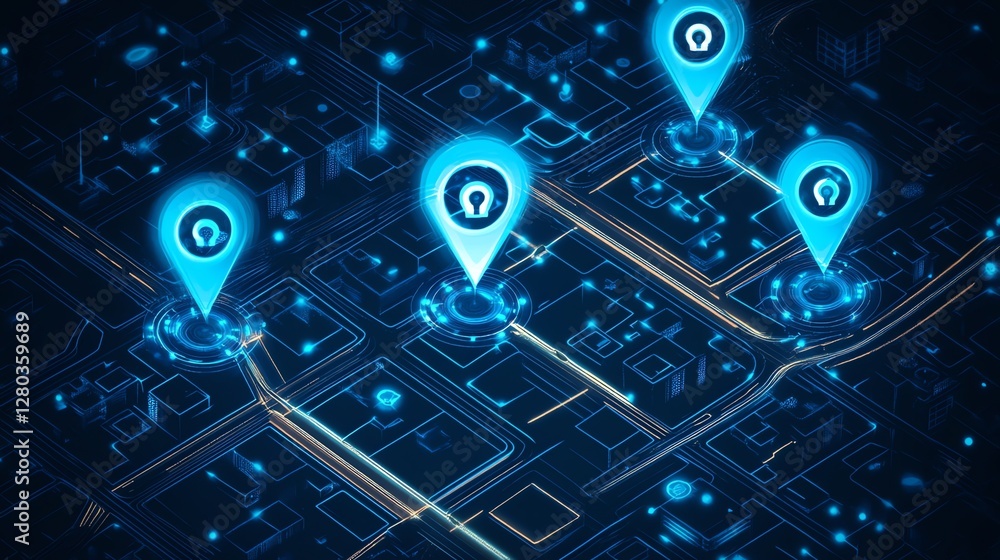 Poster digital city map with location pins showing network connectivity
