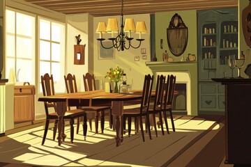 Sunlit rustic dining room with wooden table, chairs, and fireplace.