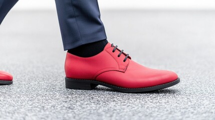 Person walking, wearing red shoes, gray floor