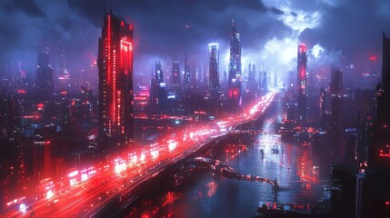 Obraz premium Cyberpunk Cityscape Night Highway Traffic Futuristic Art