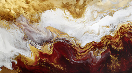 Abstract liquid art painting in gold and white, with swirling dark red paint patterns resembling ocean waves. Abstract background.