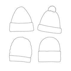 Vector set of four winter hats in minimalistic line art style. Different knitted beanie designs with ribbed, cable, and pom-pom details. Perfect for coloring books, prints, fashion sketches, and patte