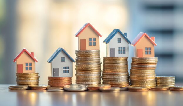 Miniature houses on stacks of coins, rising property values, city background.  Possible use investment, real estate