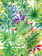 Obraz premium Seamless watercolor leaf natural patterns white background, used for design work.