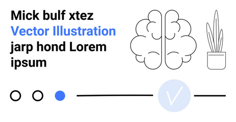 Plant in pot, brain line art, text in black and blue, circles and checkmark against white background. Ideal for technology, education, health, creativity web presentations social media. Landing