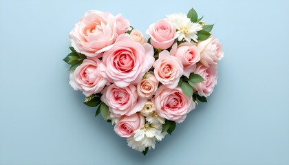Floral heart arrangement, pastel pink and white roses, peonies, delicate greenery, romantic composition, light blue background