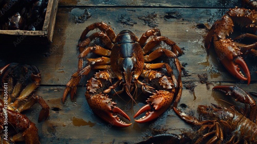 Poster freshly caught lobsters displayed on a rustic wooden table with seaweed and crates in background
