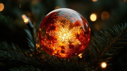 Glowing snowflake ornament on Christmas tree.