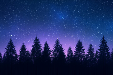 Fototapeta premium Mysterious space stars. Silhouetted trees under starry night sky with purple gradient