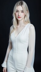 Naklejka premium Elegant Blonde Woman in White Jumpsuit - Minimalism