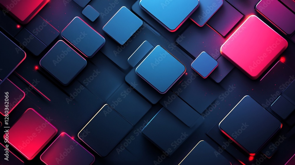 Poster abstract 3d geometric background with glowing squares.