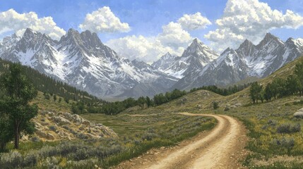 Fototapeta premium Serene Mountain Landscape with Lush Greenery and Scenic Dirt Road Under Clear Blue Sky and Fluffy White Clouds