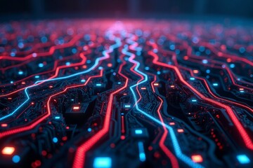 Fototapeta premium Red and blue illuminated circuit board with electrical connections