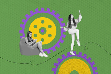 Art 3d sketch photo image collage of two happy girls business partners sit beanbag write memo...