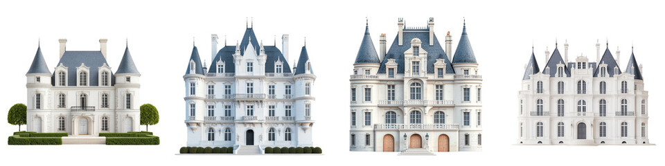 Obraz premium Elegant and Majestic French Chateaux and Mansions Architectural Landmarks Stunning Historic Castles Palaces and Manors with Towers Turrets and Ornate Facades Set in Picturesque Landscaped Gardens