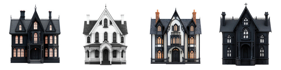 Fototapeta premium Majestic Gothic Mansions and Historic Homes Facade Architectural Designs Collection of ornate medieval and renaissance style historic buildings and landmarks with detailed facades towers