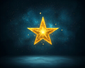 Mysterious space stars. luminous golden star shines brightly against starry night sky