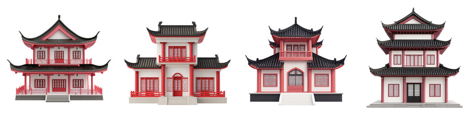 Obraz premium Ornate Traditional Asian Pagoda Architecture with Distinctive Rooftops and Facades in Scenic Outdoor Landscape Setting