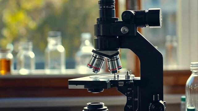 Microscope in lab by window with glassware in background, ready for research