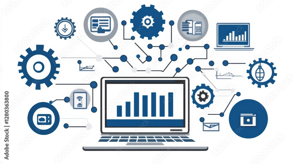 Poster data analytics dashboard visualization with laptop and graph icons for business intelligence and mod
