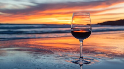 A vibrant sunset over a calm ocean with gentle waves.