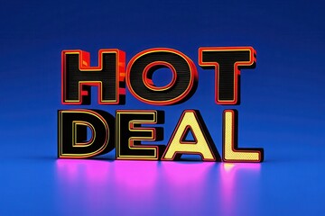 Hot Deal 3D text concept. Bright neon text displaying "Hot Deal" against a blue background, emphasizing a promotional offer.