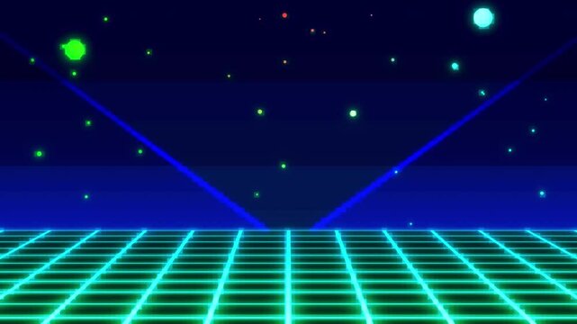 Retro 80s-90s Background, pixel art 8 bit game style.