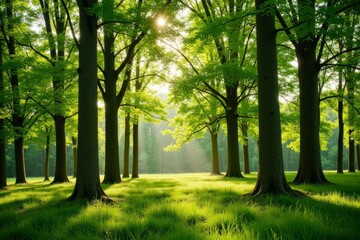 Obraz premium Sunlight filters through a serene green forest with many trees