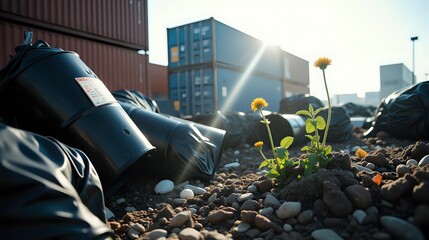 Dandelions sprout near discarded containers in a desolate industrial area