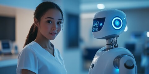 A woman stands next to a friendly robot in a modern setting. The robot has glowing features. This image showcases technology and human interaction. It reflects a futuristic style. AI