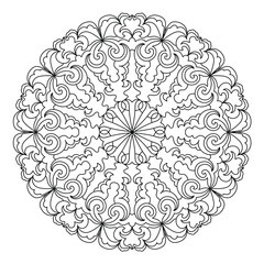 Abstract pattern in a circle. Mandala ornament. Intricate lacy pattern. The spiritual symbol of mindfulness and symmetry.  Coloring page element.